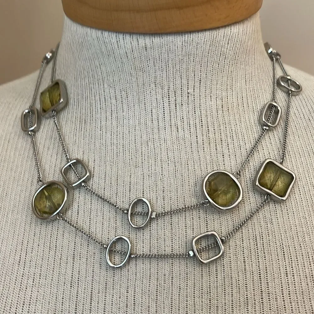Vintage Lia Sophia “Midori” Silver-tone Station Necklace with Green Gems